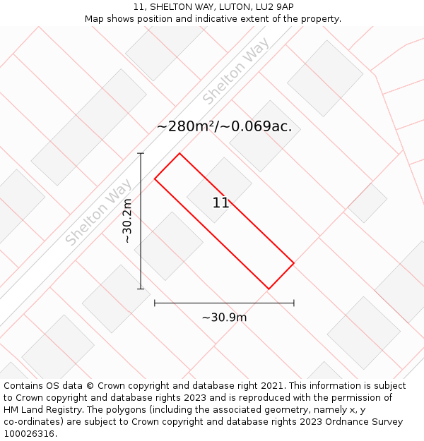 11, SHELTON WAY, LUTON, LU2 9AP: Plot and title map