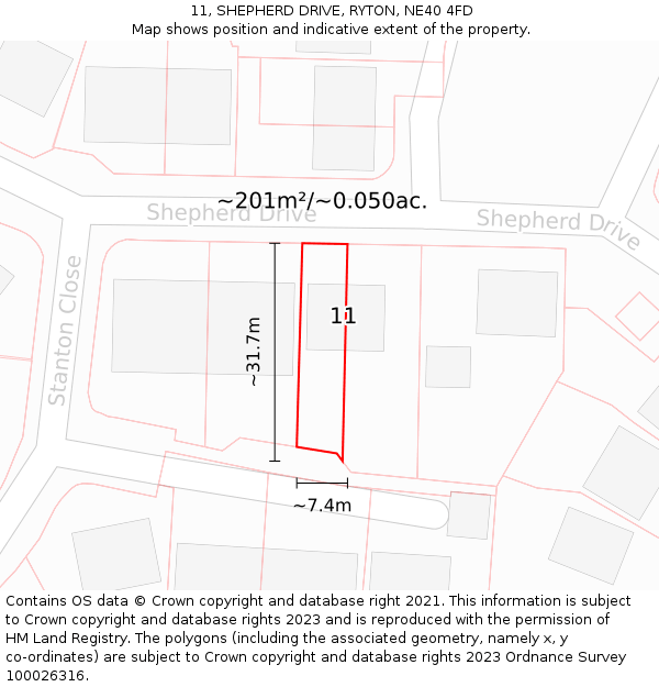 11, SHEPHERD DRIVE, RYTON, NE40 4FD: Plot and title map