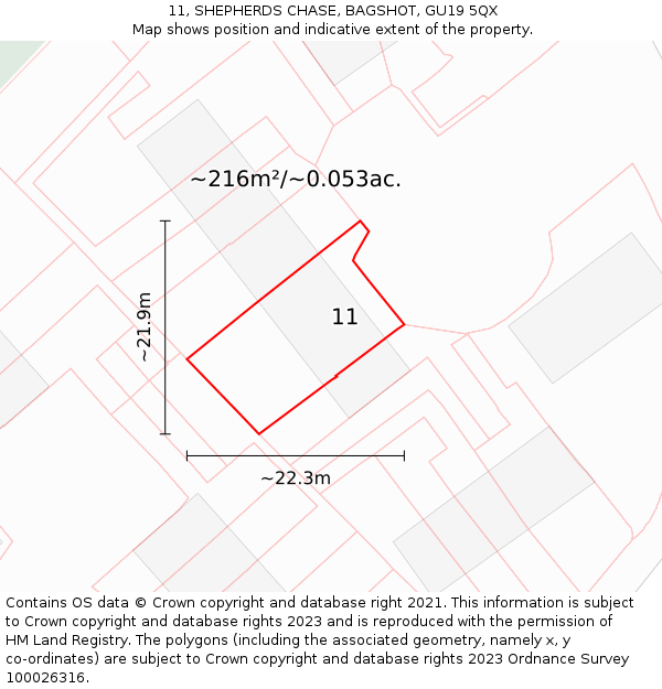 11, SHEPHERDS CHASE, BAGSHOT, GU19 5QX: Plot and title map