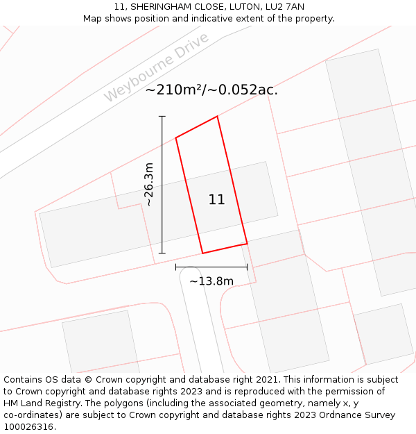 11, SHERINGHAM CLOSE, LUTON, LU2 7AN: Plot and title map