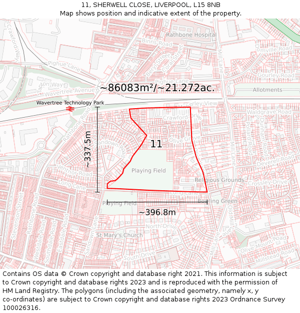 11, SHERWELL CLOSE, LIVERPOOL, L15 8NB: Plot and title map