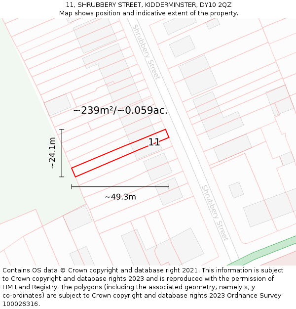 11, SHRUBBERY STREET, KIDDERMINSTER, DY10 2QZ: Plot and title map