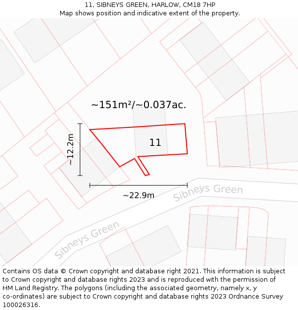 11, SIBNEYS GREEN, HARLOW, CM18 7HP: Plot and title map