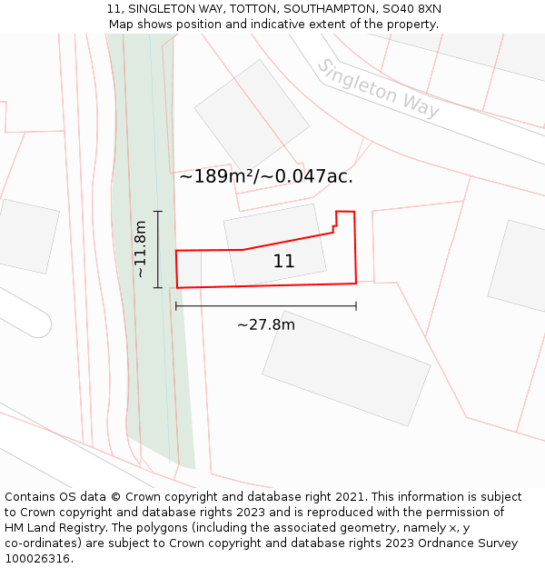 11, SINGLETON WAY, TOTTON, SOUTHAMPTON, SO40 8XN: Plot and title map