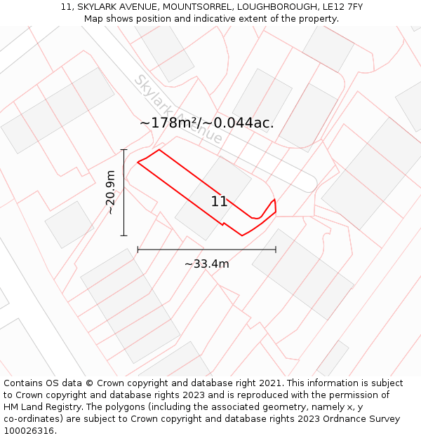 11, SKYLARK AVENUE, MOUNTSORREL, LOUGHBOROUGH, LE12 7FY: Plot and title map