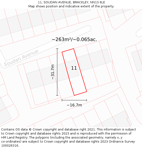 11, SOUDAN AVENUE, BRACKLEY, NN13 6LE: Plot and title map