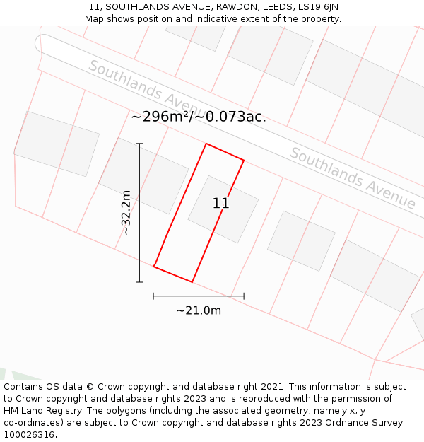 11, SOUTHLANDS AVENUE, RAWDON, LEEDS, LS19 6JN: Plot and title map