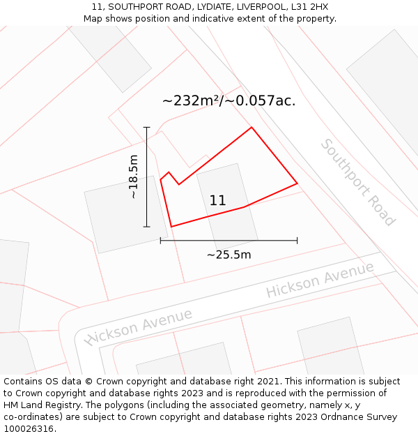 11, SOUTHPORT ROAD, LYDIATE, LIVERPOOL, L31 2HX: Plot and title map