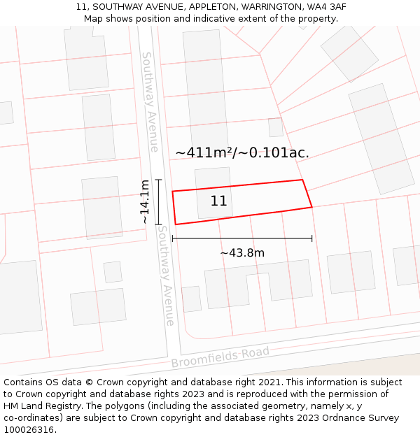 11, SOUTHWAY AVENUE, APPLETON, WARRINGTON, WA4 3AF: Plot and title map