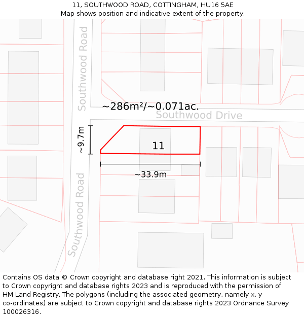 11, SOUTHWOOD ROAD, COTTINGHAM, HU16 5AE: Plot and title map