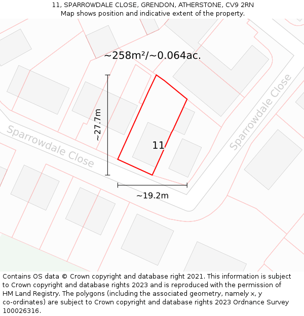 11, SPARROWDALE CLOSE, GRENDON, ATHERSTONE, CV9 2RN: Plot and title map