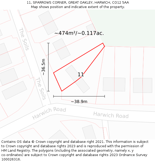 11, SPARROWS CORNER, GREAT OAKLEY, HARWICH, CO12 5AA: Plot and title map