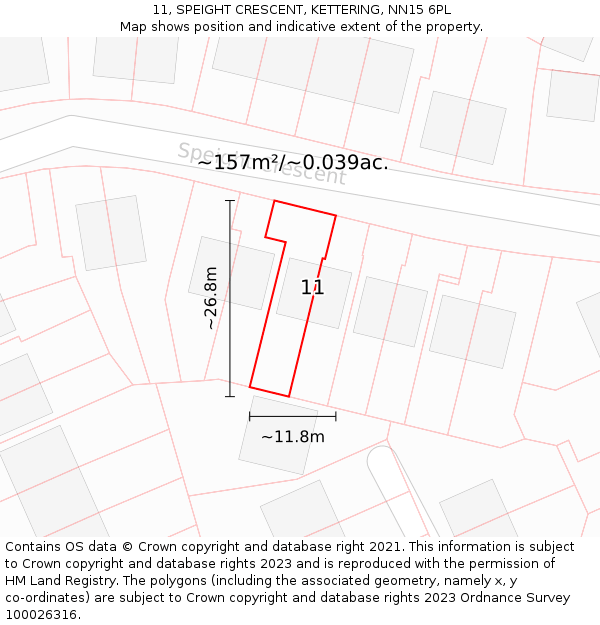 11, SPEIGHT CRESCENT, KETTERING, NN15 6PL: Plot and title map