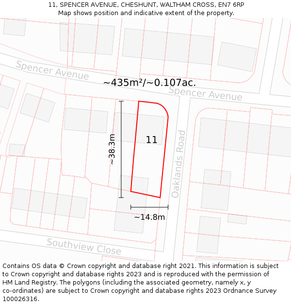 11, SPENCER AVENUE, CHESHUNT, WALTHAM CROSS, EN7 6RP: Plot and title map