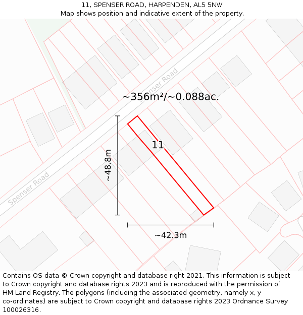 11, SPENSER ROAD, HARPENDEN, AL5 5NW: Plot and title map