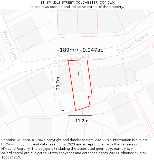 11, SPINDLE STREET, COLCHESTER, CO4 5WX: Plot and title map