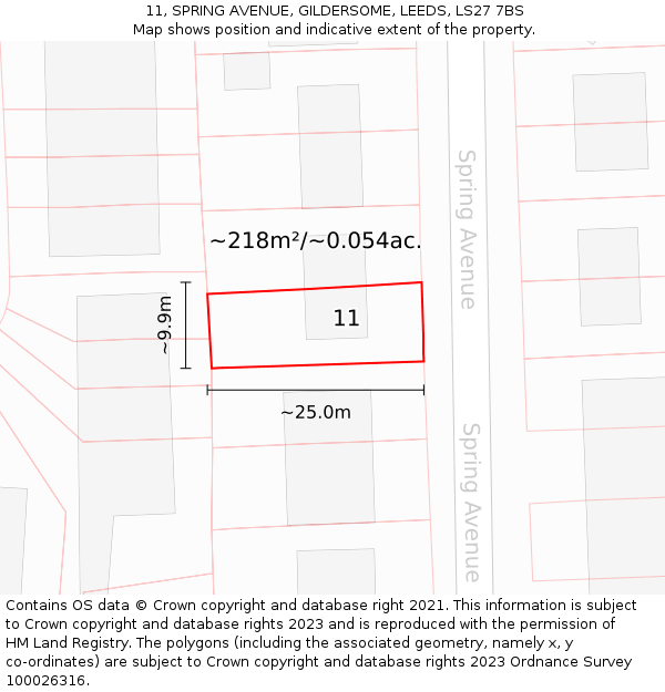 11, SPRING AVENUE, GILDERSOME, LEEDS, LS27 7BS: Plot and title map