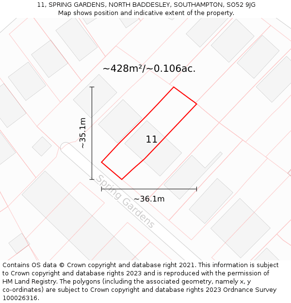 11, SPRING GARDENS, NORTH BADDESLEY, SOUTHAMPTON, SO52 9JG: Plot and title map