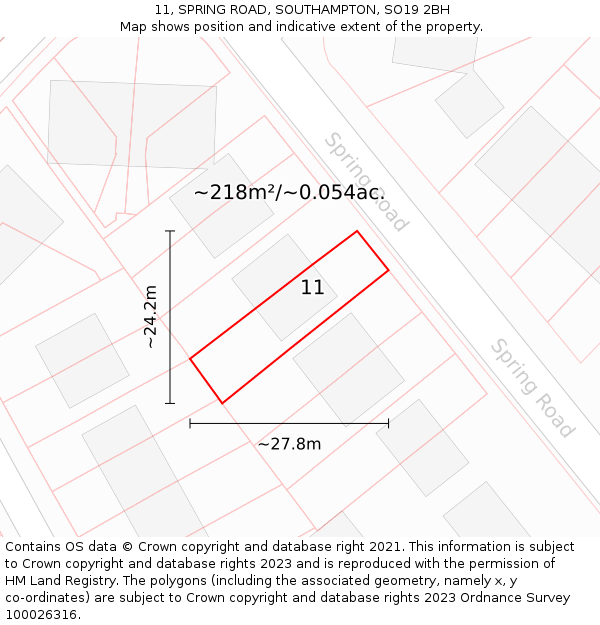 11, SPRING ROAD, SOUTHAMPTON, SO19 2BH: Plot and title map