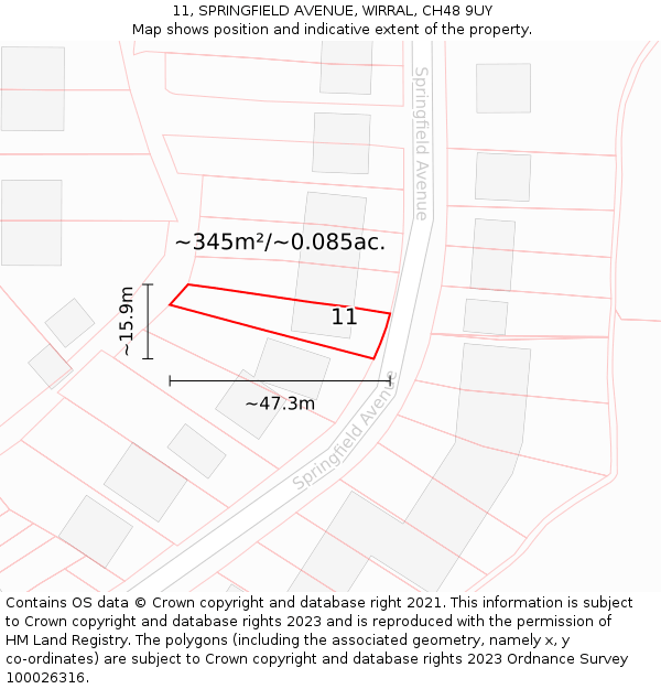 11, SPRINGFIELD AVENUE, WIRRAL, CH48 9UY: Plot and title map