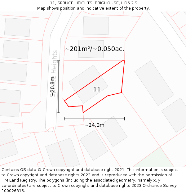 11, SPRUCE HEIGHTS, BRIGHOUSE, HD6 2JS: Plot and title map