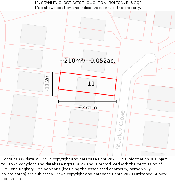 11, STANLEY CLOSE, WESTHOUGHTON, BOLTON, BL5 2QE: Plot and title map