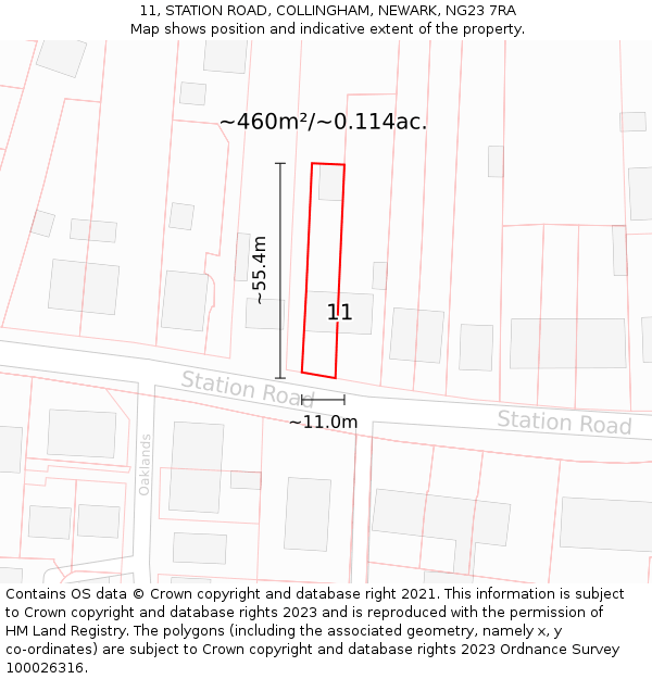 11, STATION ROAD, COLLINGHAM, NEWARK, NG23 7RA: Plot and title map