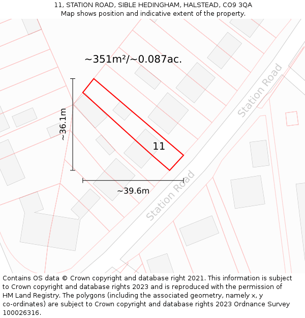 11, STATION ROAD, SIBLE HEDINGHAM, HALSTEAD, CO9 3QA: Plot and title map