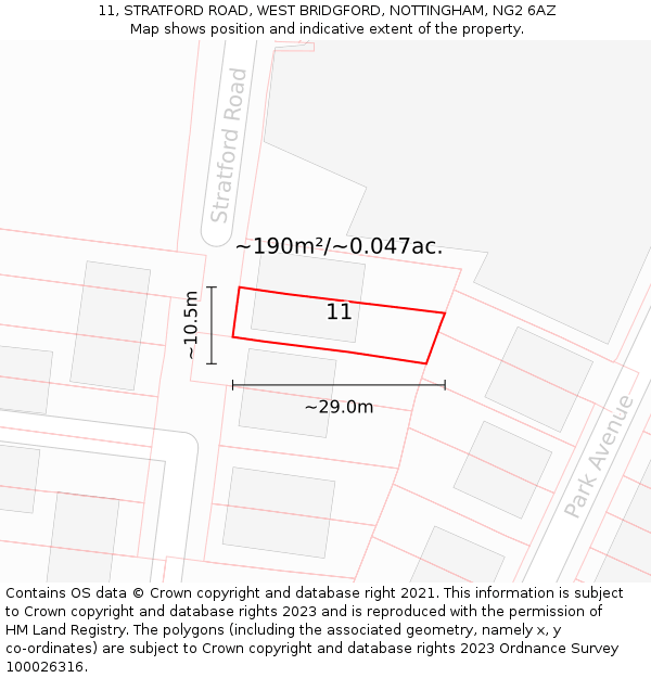 11, STRATFORD ROAD, WEST BRIDGFORD, NOTTINGHAM, NG2 6AZ: Plot and title map