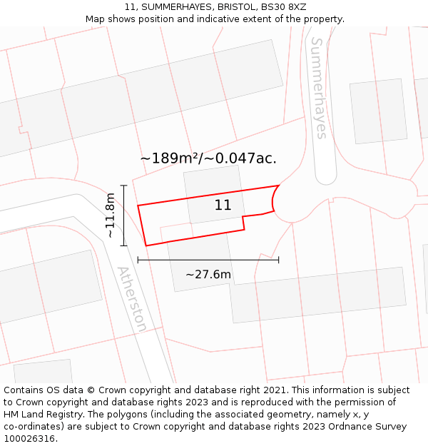 11, SUMMERHAYES, BRISTOL, BS30 8XZ: Plot and title map