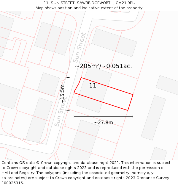 11, SUN STREET, SAWBRIDGEWORTH, CM21 9PU: Plot and title map