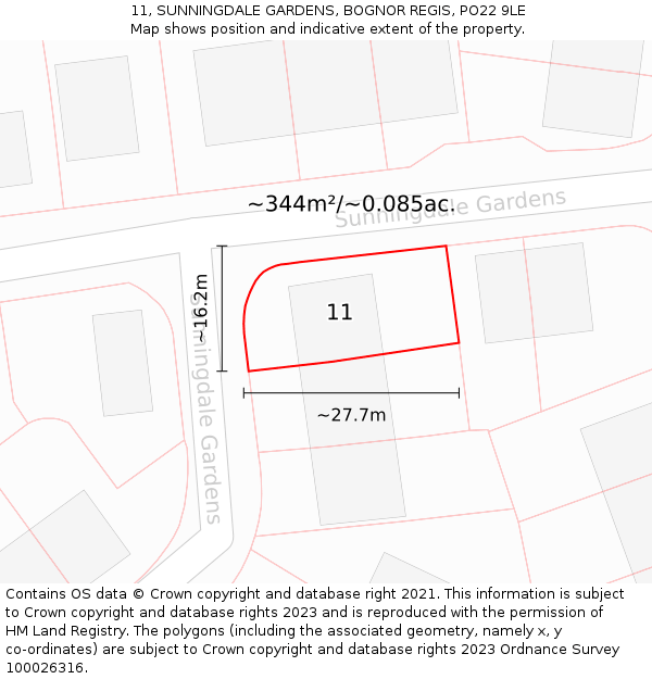 11, SUNNINGDALE GARDENS, BOGNOR REGIS, PO22 9LE: Plot and title map