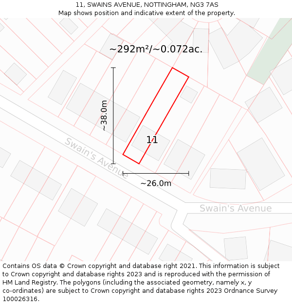 11, SWAINS AVENUE, NOTTINGHAM, NG3 7AS: Plot and title map