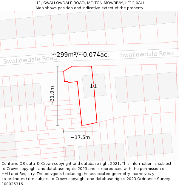 11, SWALLOWDALE ROAD, MELTON MOWBRAY, LE13 0AU: Plot and title map