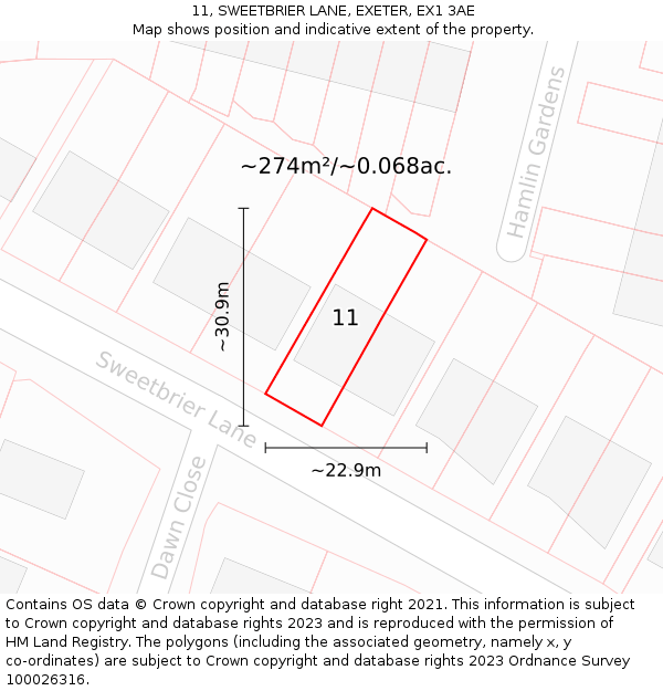 11, SWEETBRIER LANE, EXETER, EX1 3AE: Plot and title map