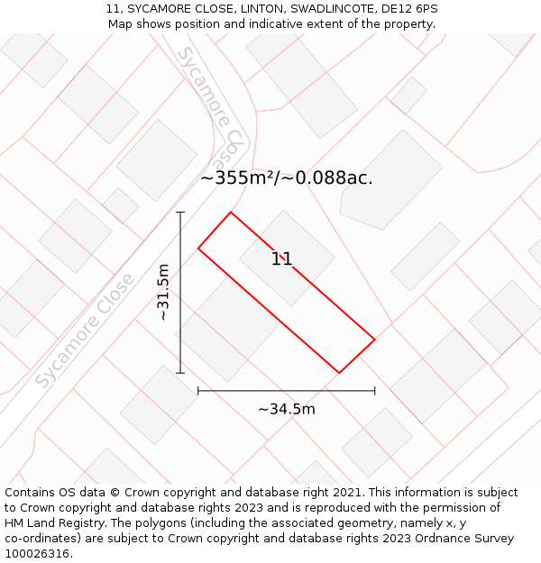 11, SYCAMORE CLOSE, LINTON, SWADLINCOTE, DE12 6PS: Plot and title map