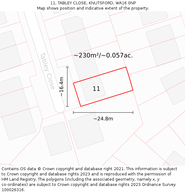11, TABLEY CLOSE, KNUTSFORD, WA16 0NP: Plot and title map