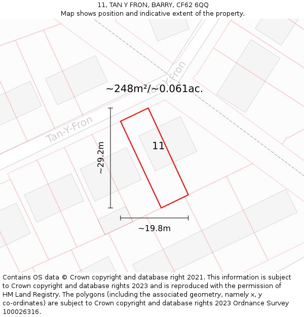 11, TAN Y FRON, BARRY, CF62 6QQ: Plot and title map