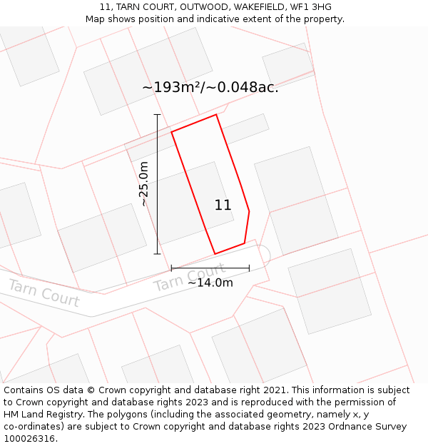 11, TARN COURT, OUTWOOD, WAKEFIELD, WF1 3HG: Plot and title map