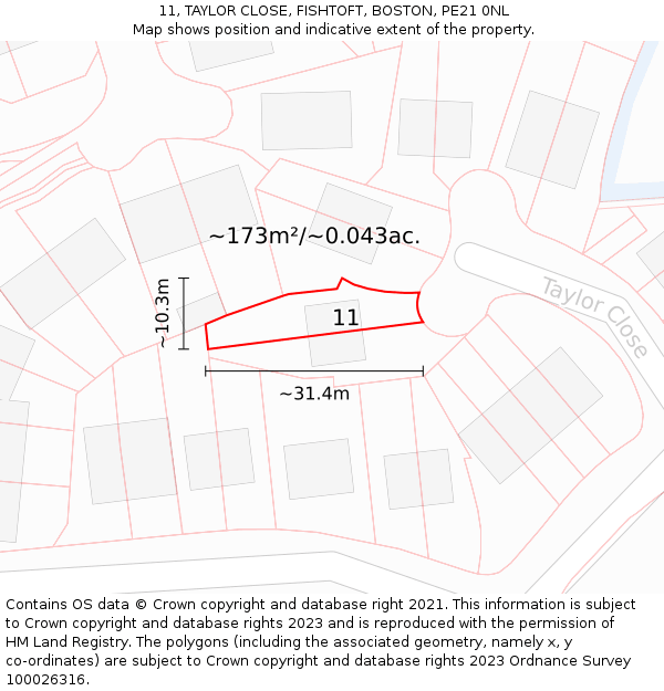 11, TAYLOR CLOSE, FISHTOFT, BOSTON, PE21 0NL: Plot and title map