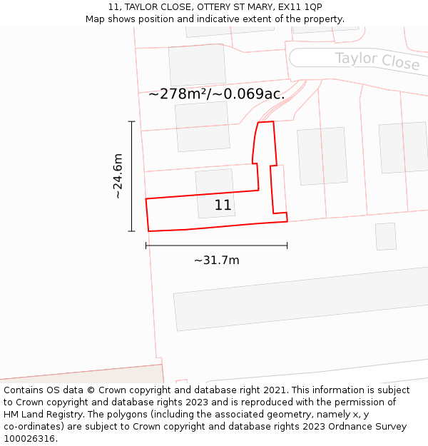 11, TAYLOR CLOSE, OTTERY ST MARY, EX11 1QP: Plot and title map