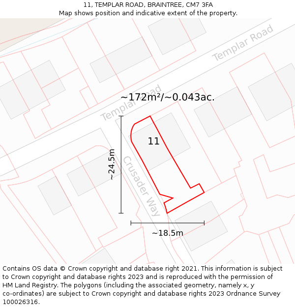 11, TEMPLAR ROAD, BRAINTREE, CM7 3FA: Plot and title map
