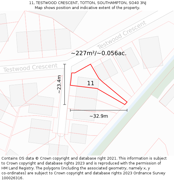 11, TESTWOOD CRESCENT, TOTTON, SOUTHAMPTON, SO40 3NJ: Plot and title map