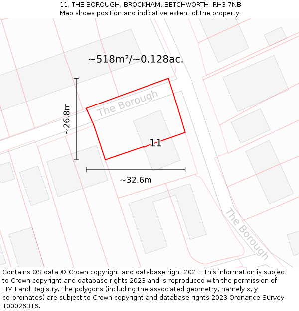 11, THE BOROUGH, BROCKHAM, BETCHWORTH, RH3 7NB: Plot and title map