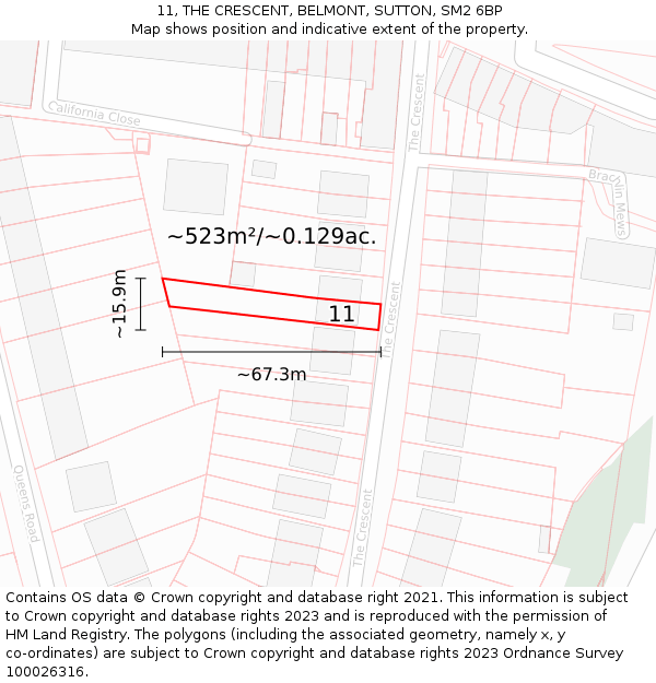 11, THE CRESCENT, BELMONT, SUTTON, SM2 6BP: Plot and title map