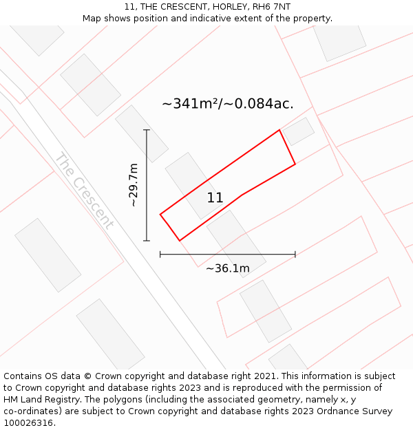 11, THE CRESCENT, HORLEY, RH6 7NT: Plot and title map