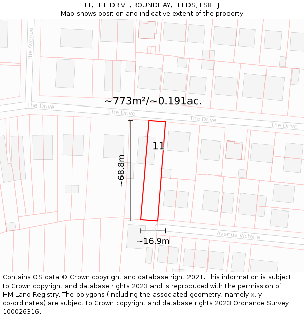 11, THE DRIVE, ROUNDHAY, LEEDS, LS8 1JF: Plot and title map