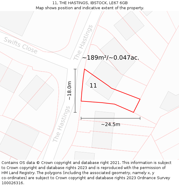 11, THE HASTINGS, IBSTOCK, LE67 6GB: Plot and title map