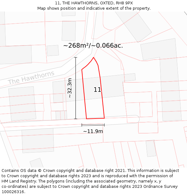 11, THE HAWTHORNS, OXTED, RH8 9PX: Plot and title map