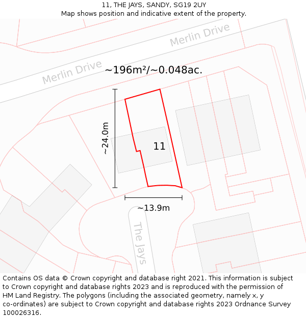 11, THE JAYS, SANDY, SG19 2UY: Plot and title map